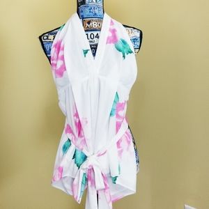 ELLIE NWT Womens Pink  Green Floral Sleeveless V Neck Backless Tie Romper Sz S